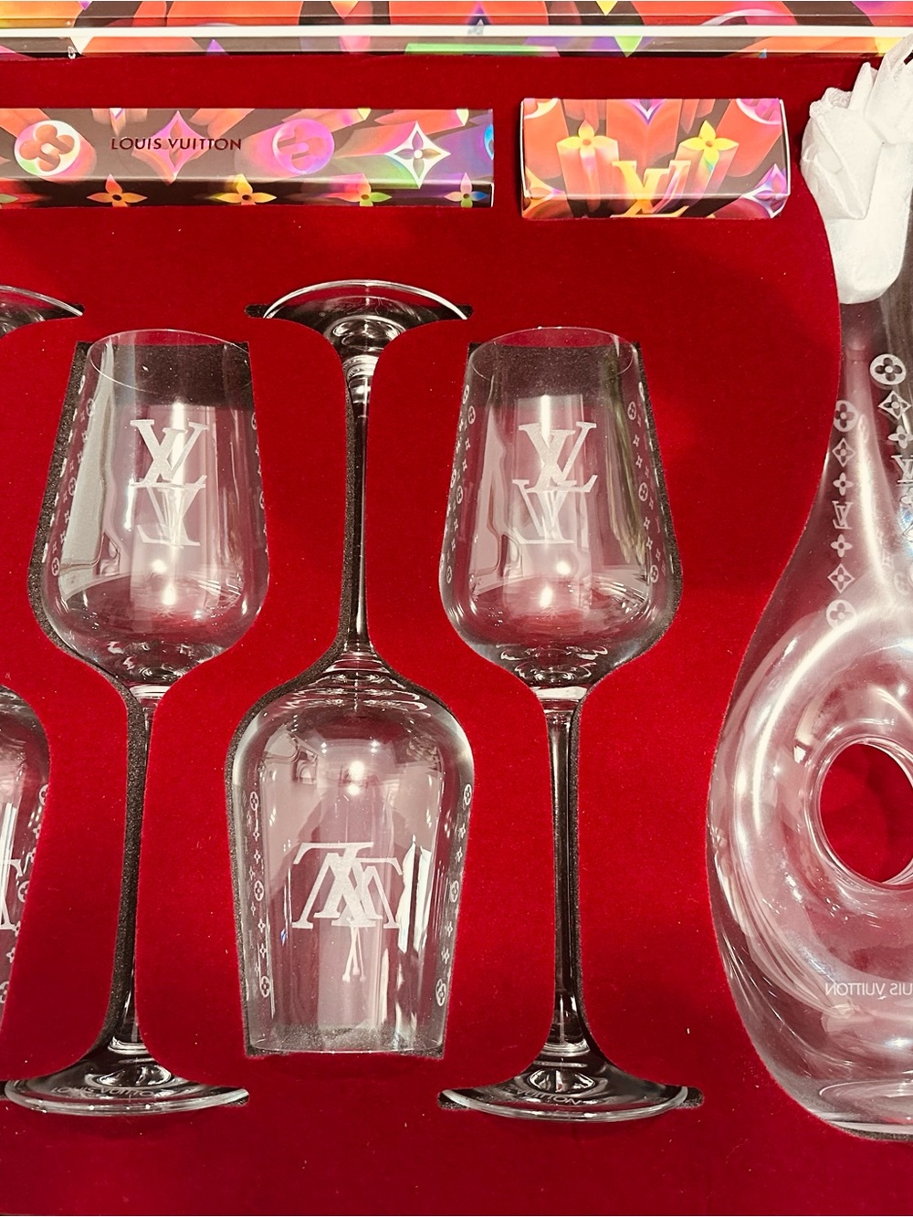 Louis Vuitton Clear Etched Crystal Wine Glasses with Red Velvet Case